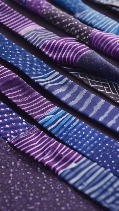 Una divertente miscela di cravatte preppy blu e viola disposte diagonalmente per coprire la cornice.