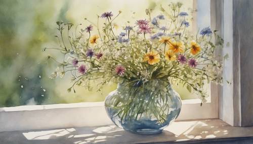 Ein Aquarell einer Vase mit Wildblumen, die im sanften Morgenlicht baden.