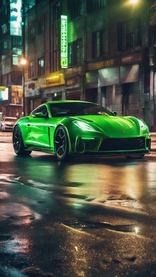 A cool neon green sports car racing down a city street at night.