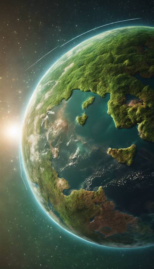 Artystyczna reprezentacja zielonej planety z brązowymi kontynentami widziana z kosmosu.