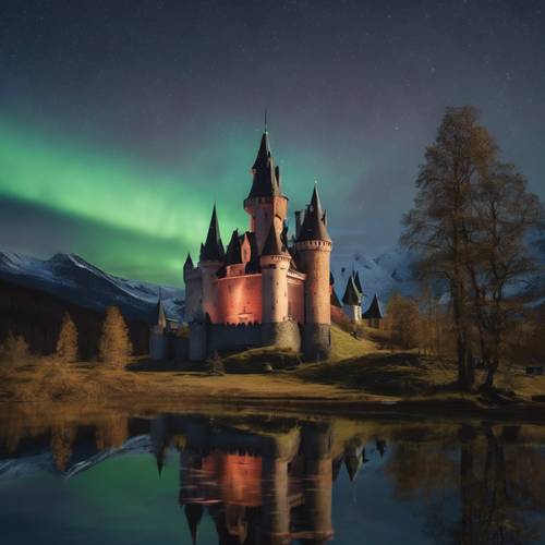 Um majestoso castelo iluminado pela luz fresca da Aurora Boreal ao fundo. Papel de parede [d3748334ef444f0fa271]