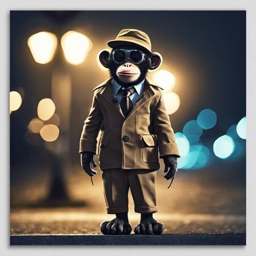 Seekor monyet berpakaian detektif tampak keren, di bawah lampu jalan di malam hari.