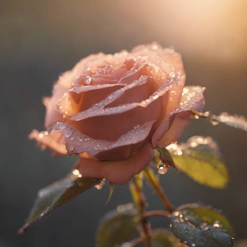 Sekuntum mawar antik yang dihiasi embun pagi, dipotret saat matahari terbit.