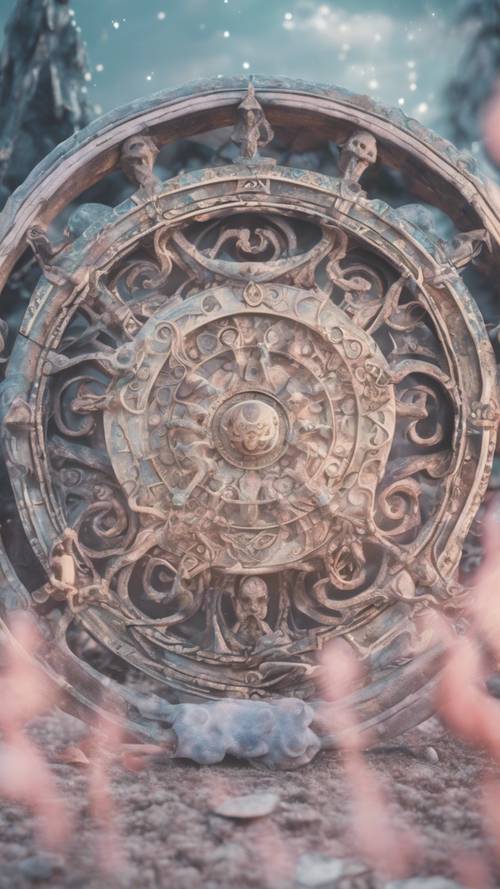 Uma roda gótica pastel do zodíaco cercada por redemoinhos sublimes místicos.