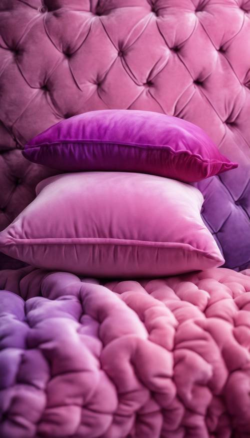 带有粉色和紫色渐变色套子的天鹅绒坐垫。