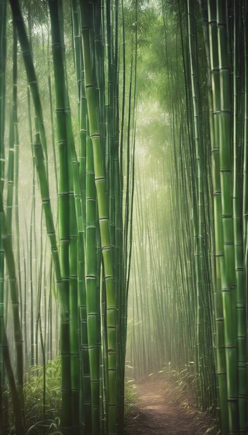 Hutan lebat dengan pohon bambu hijau tinggi di pagi hari yang berkabut.