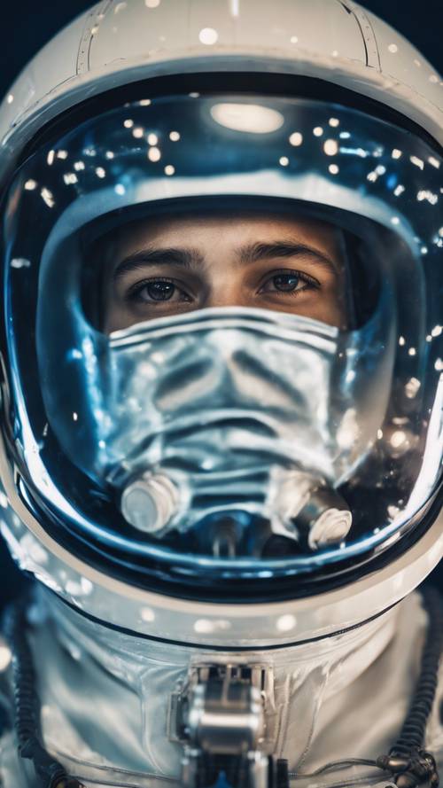 Potret bergaya seorang astronot muda di pesawat luar angkasa, dengan pantulan Marmer Biru di pelindung helmnya.