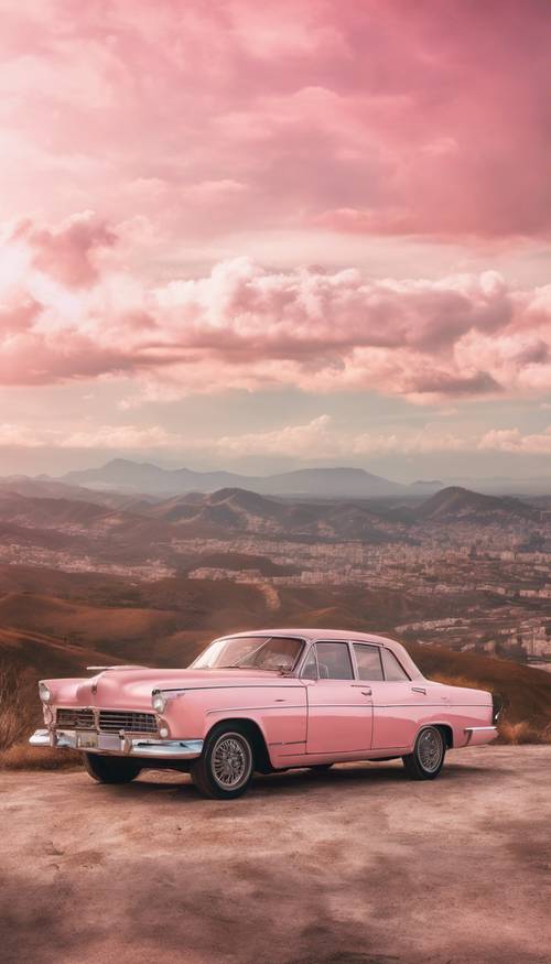 A vintage car parked on a hilltop, overlooking a panoramic view of a cotton candy sky. Tapeta [cf96e7f4bde045aba0f7]