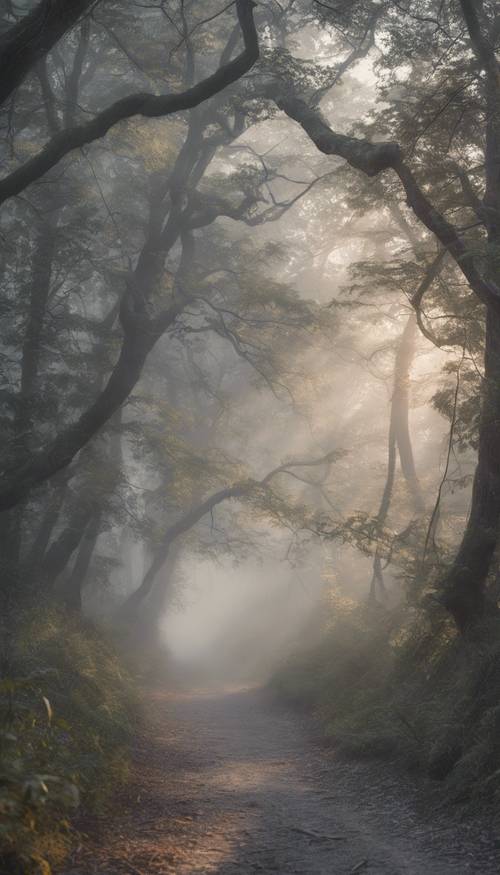 A path through a light gray misty forest at dawn.