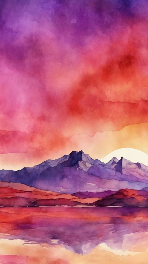 盾牆山脈上寧靜的日落，天空呈現出紫色、橙色和紅色的水彩混合色調。