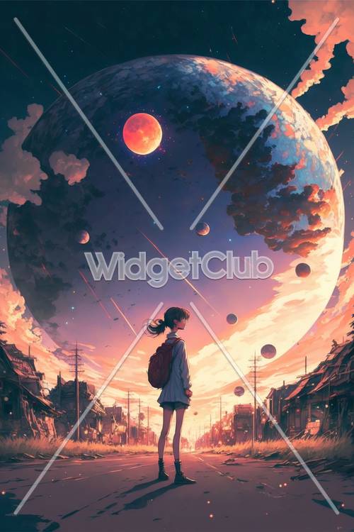 Stunning Anime Scenery with Girl and Planets