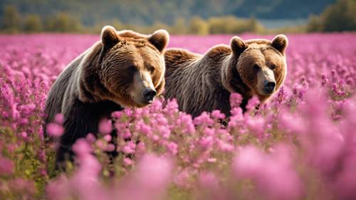 Бурый медведь в розовом цветочном поле во второй половине дня.