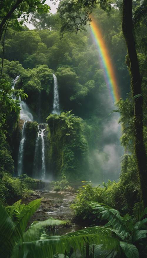 A lush green jungle with waterfalls and a rainbow appearing after a brief summer shower.