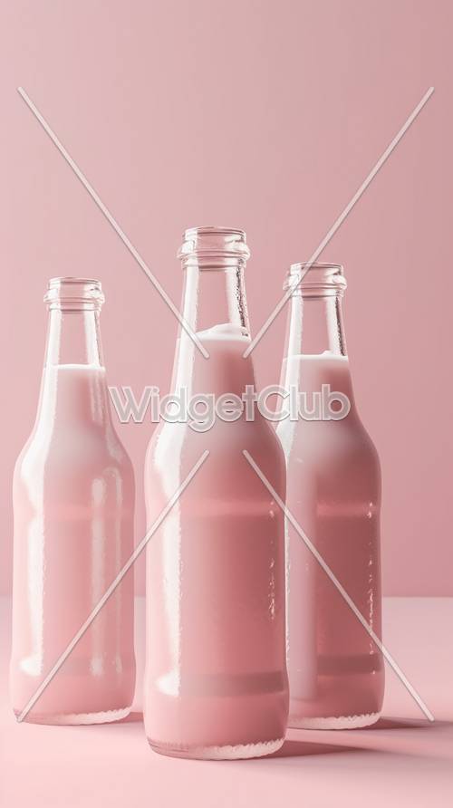 Três garrafas de leite rosa em um fundo pastel