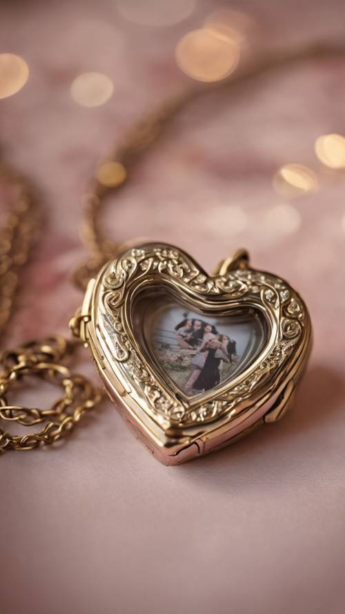 Um medalhão em forma de coração aberto para revelar uma pequena fotografia dentro.