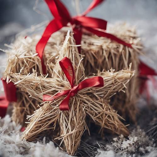 Étoiles de Noël faites maison en foin et décorées de nœuds rouges et de perles.