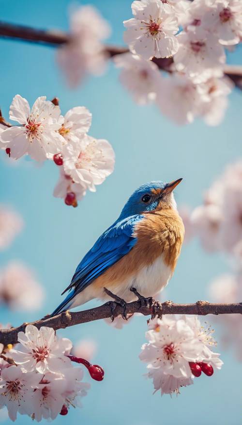 Un simpatico uccellino blu appollaiato su un ramo di fiori di ciliegio contro un cielo azzurro.