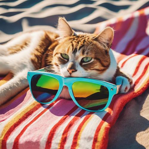 Изображение в стиле ретро-поп-арт: крутой кот в солнечных очках, отдыхающий на красочном пляжном полотенце рядом с яркой доской для серфинга 1960-х годов.