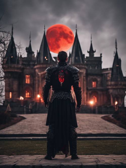 Seorang raja vampir yang terbungkus dalam baju besi hitam berornamen, berdiri megah dengan kastil dan bulan merah darah sebagai latar belakangnya.