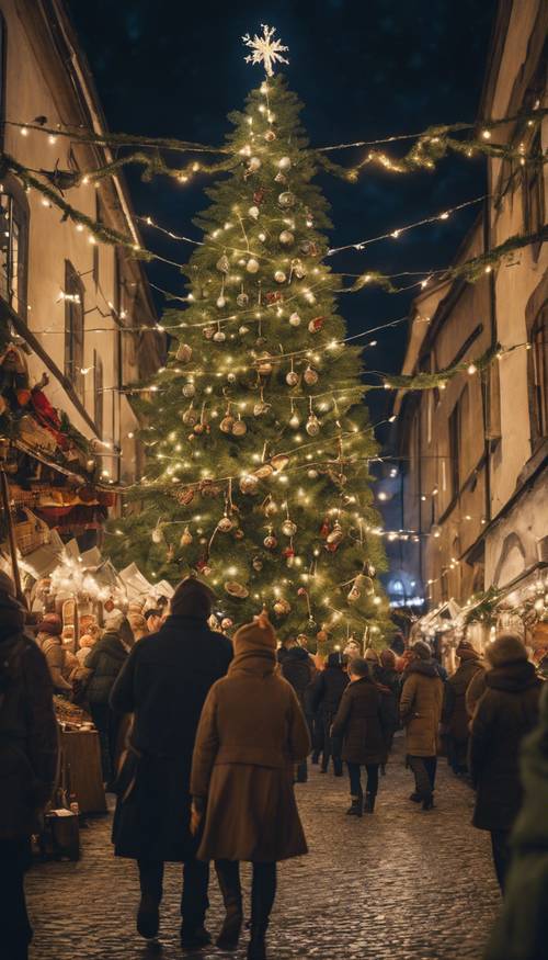 Un arbre de Noël animé dans un marché médiéval animé, répandant la joie des fêtes parmi les habitants de la ville. Fond d&#39;écran [eb4babd29a1e4815b333]