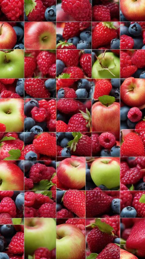 Collage de fruits rouges comprenant des pommes, des fraises et des framboises.