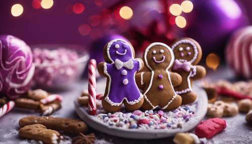 A purple gingerbread man cookie nestled amongst candy canes and other holiday sweets.