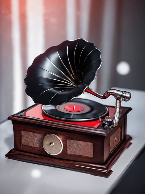 Szczegółowa ilustracja czarnego gramofonu w stylu vintage z błyszczącą czerwoną płytą winylową.