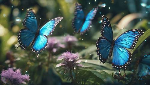 Farfalle blu iridescenti che svolazzano sopra le piante esotiche della giungla.