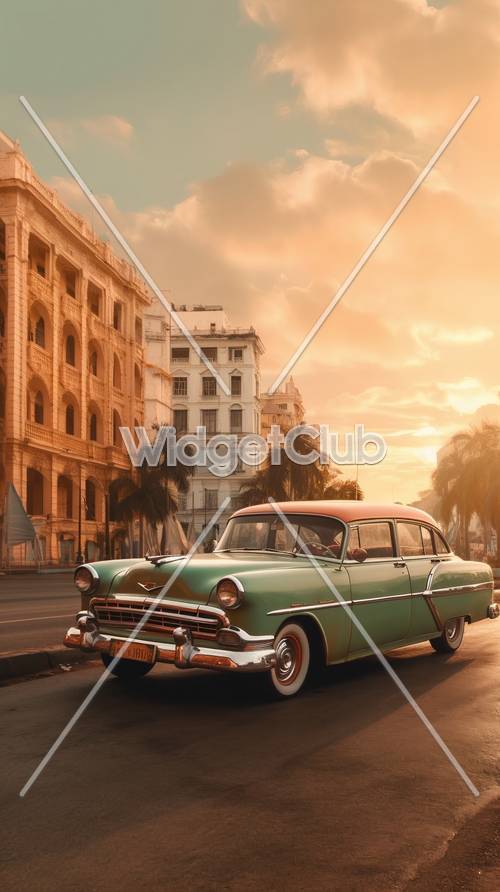 Voiture vintage classique dans un paysage urbain au coucher du soleil