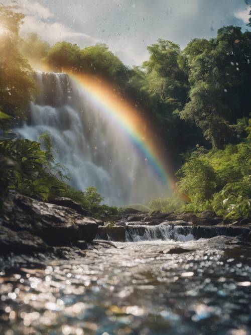 A peaceful waterfall under a rainbow with a motivating quote formed in the water droplets.