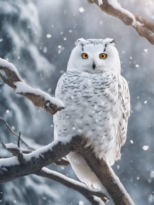 A snow-white owl perched on a branch, camouflaged in a winter landscape. Tapet [af7fd2920188416bbd94]