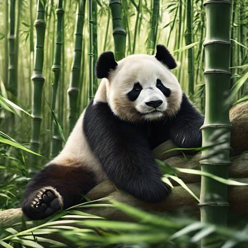 Seekor panda dewasa tidur nyenyak di jantung hutan bambu pada hari yang cerah, bulunya yang hitam dan putih kontras dengan lingkungan hijau cerah.