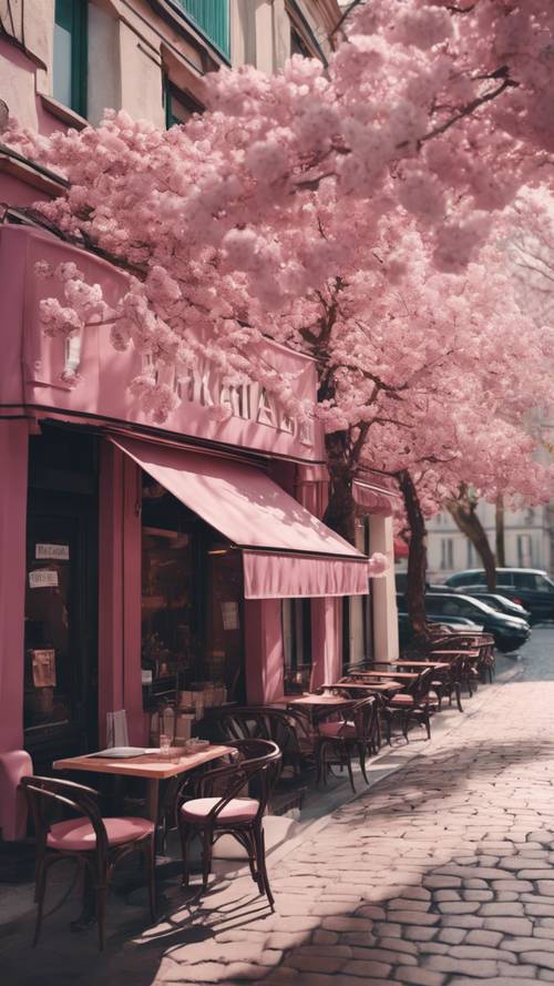 Un café parisien vintage romantique et rose foncé au printemps avec des cerisiers en fleurs.