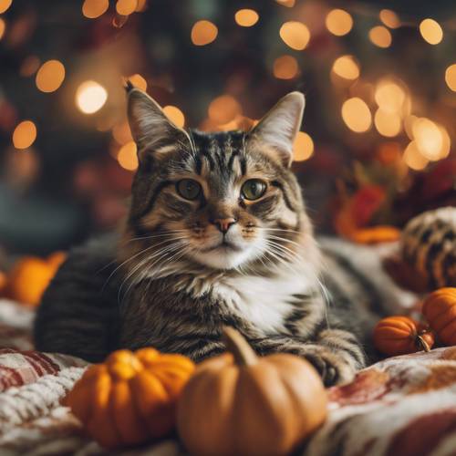 Un ritratto di un gatto che si rilassa accanto a una coperta a tema del Ringraziamento.
