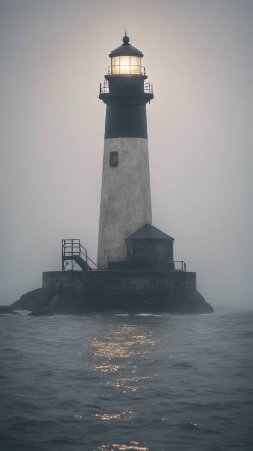 A lighthouse shining its beam across the ocean under heavy fog.