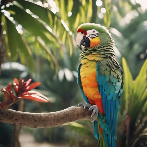 Ein hübscher Papagei mit tarnfarbenen Federn, der vor einem tropischen Hintergrund anmutig seine Flügel ausbreitet. Hintergrund [402d309d190149d1a022]