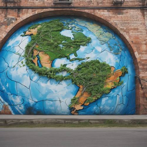 Şehir duvarındaki ikonik mavi mermer Dünya&#39;yı çevreleyen yeşil grafiti sarmaşıklarıyla gösteren renkli duvar resmi.