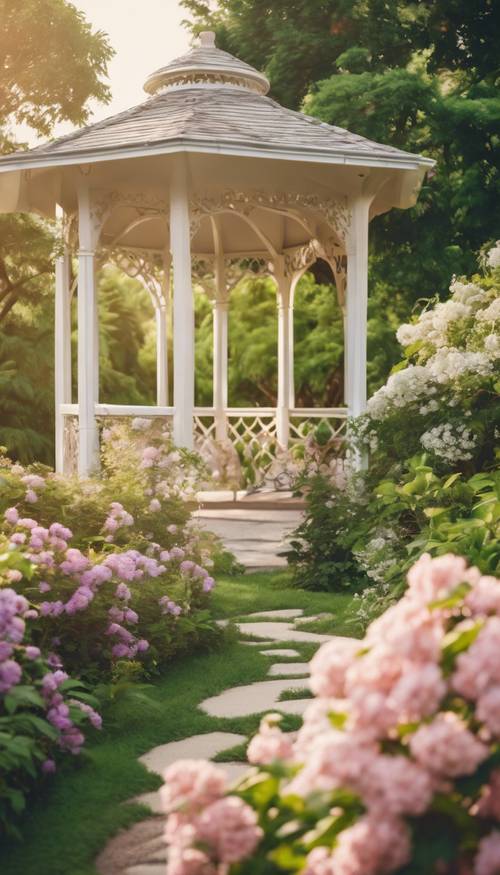 В безмятежном саду среди цветущих цветов и пышной листвы стоит красивая беседка кремового цвета, создающая идиллическую обстановку для отдыха на свежем воздухе.