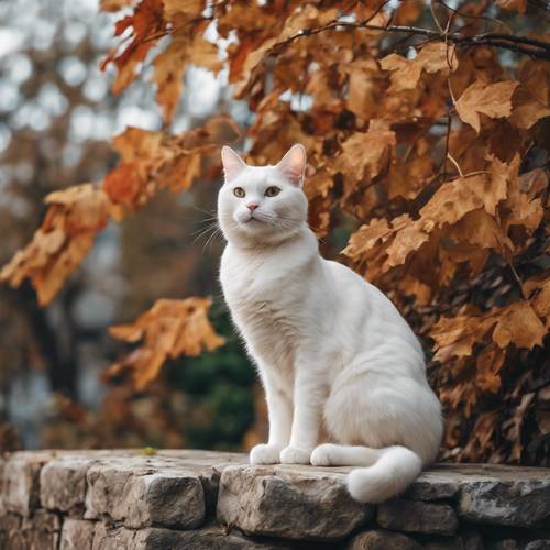 Un maestoso gatto bianco seduto regalmente su un muro di pietra, custodito dal fogliame autunnale.