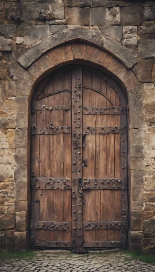 Eine alte, verwitterte braune Holztür einer mittelalterlichen Burg.
