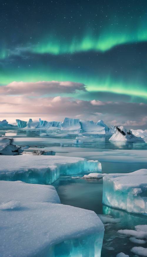 Un paisaje ártico, hielo plateado contra una impresionante aurora boreal azul.