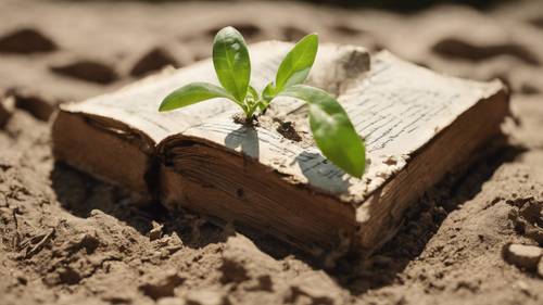 A sprout growing from a crumbling, old book with the phrase 'Therefore, if anyone is in Christ, he is a new creation' etched in the soil.