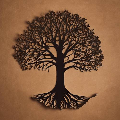 A silhouette of a tree cut out from brown paper.