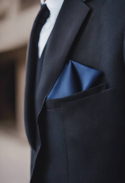Un pañuelo de seda azul oscuro asomando desde el bolsillo del traje negro de un hombre.