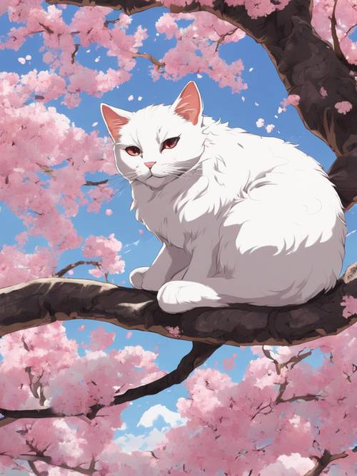 흰색 털을 가진 고독한 애니메이션 고양이가 벚꽃 나무 아래에서 쉬고 있습니다.