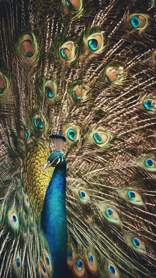 一只雄伟的孔雀，其鲜艳的尾羽舒展开，展现出令人惊叹的佩斯利图案的自然诠释。