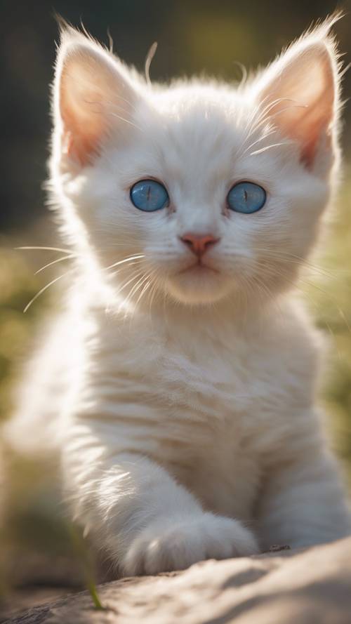 Ein ruhiges weißes Kätzchen mit blauen Augen, das in einer heiteren natürlichen Umgebung sitzt und dessen Fell von den warmen Strahlen der Abendsonne hervorgehoben wird.