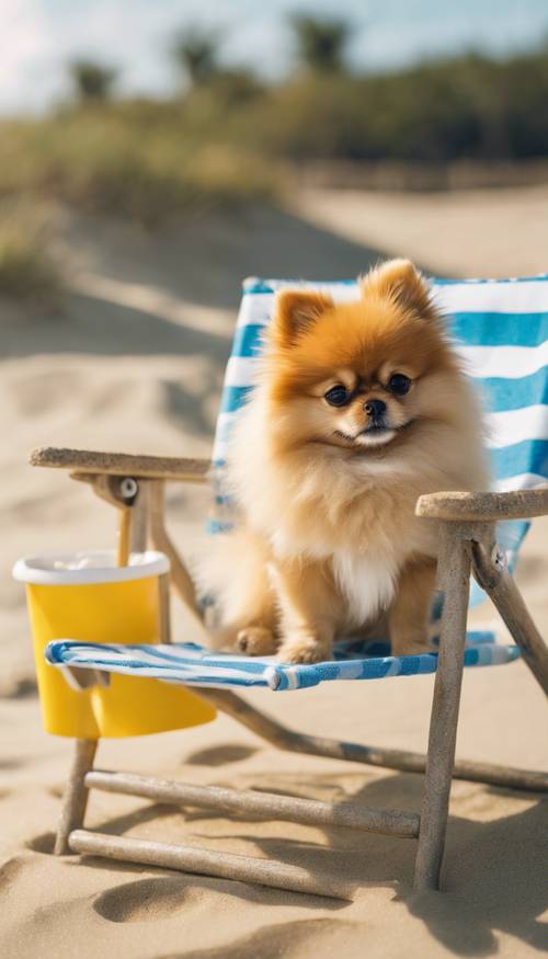 Một chú Pomeranian tách trà mặc chiếc áo sơ mi theo chủ đề Hawaii dễ thương, ngồi trên chiếc ghế nhỏ có sọc vàng và trắng trên bãi biển đầy cát.