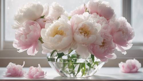 Bunga peoni berwarna merah muda dan putih pastel disusun dalam vas kristal yang halus.