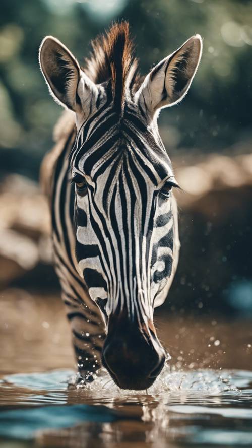 Seekor zebra mengarungi perairan biru di sungai dangkal.
